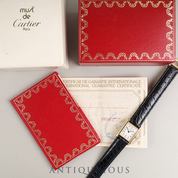 Cartier Must Tank SM 5057001 Quartz Caliber 057 SV925 Leather Genuine D-buckle (GP) Arabic Dial Circa 1982-1995 Box Warranty Card Overhauled