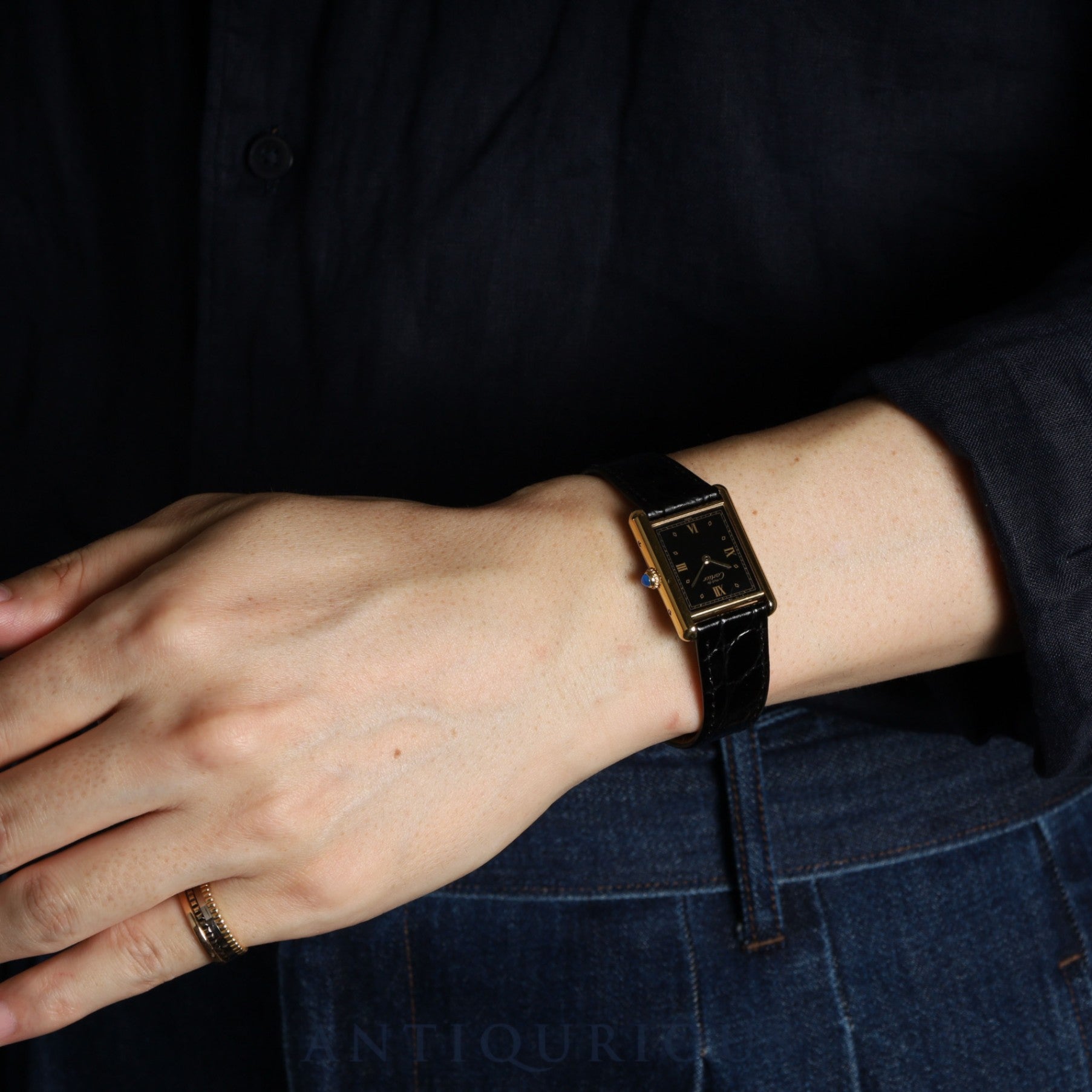 Cartier Must Tank LM 590005 Quartz Caliber 90 SV925 Leather Strap with Genuine GP Buckle, Black Roman Dial, Overhauled