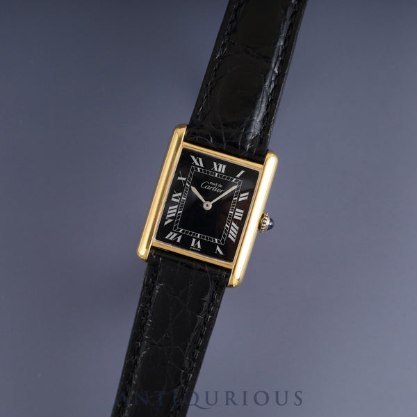 Cartier Must Tank LM Manual Winding Caliber 78-1 SV925 Leather Strap with Genuine GP Buckle Black Roman Dial Overhauled and Finished to Look Like New
