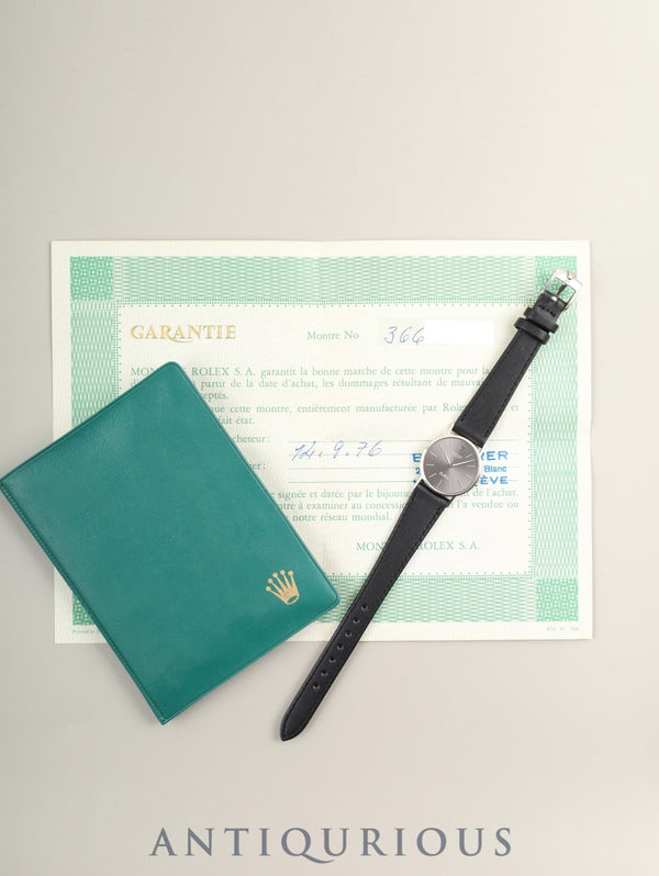 Rolex Cellini 3810 manual winding Cal. 1600 750WG leather watch with genuine buckle (GP), gray dial, 36 series (1972), booklet, warranty card (1976), custom holed.