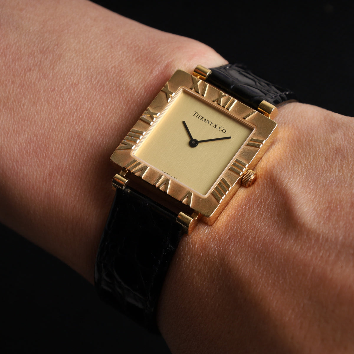 Tiffany Atlas Square T976 001 L3630 Quartz Caliber 976.001 750YG Leather Genuine Buckle (GP) Gold Dial Box Case Booklet Warranty (1996) Overhauled