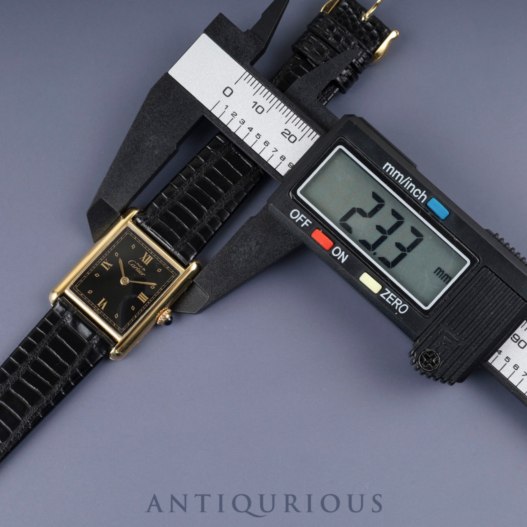 Cartier Must Tank LM 590005 Quartz Caliber 90 SV925 Leather Strap with Genuine GP Buckle, Black Roman Dial, Overhauled and Finished to Look Like New