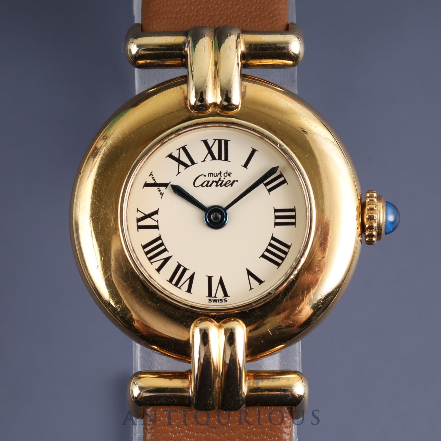 Cartier Must Colisee 590002 Quartz SV925 Leather Genuine Buckle (GP) Ivory Roman Dial Overhauled