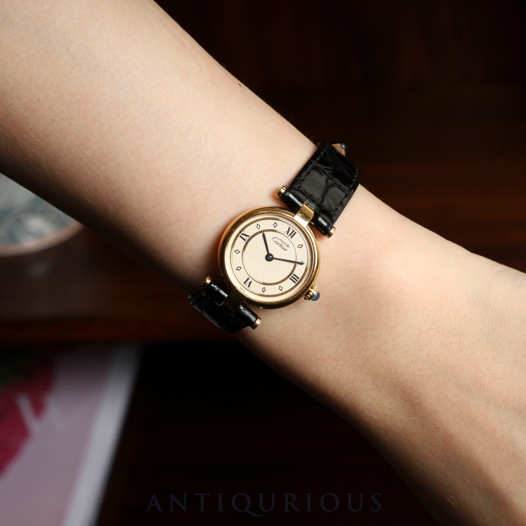 Cartier Must Vendôme VLC SM 590004 Quartz Caliber 90 SV925 Leather Strap with Genuine GP Buckle, Ivory 4-Point Roman Dial, Overhauled