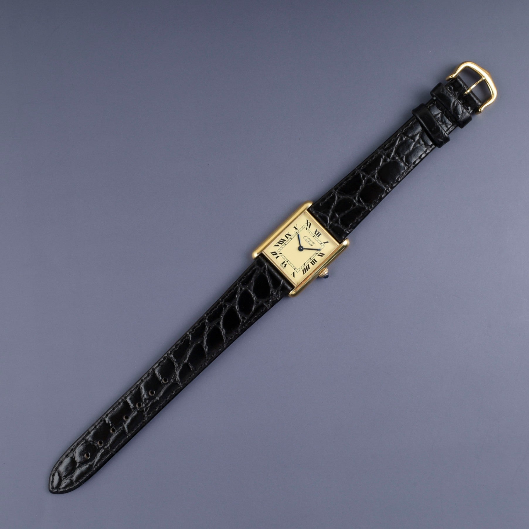 カルティエ マストタンク LM 590005 クォーツ Cal.690 SV925 革 純正尾錠(GP) アイボリーローマン文字盤 オーバーホール済み 新品仕上げ済み