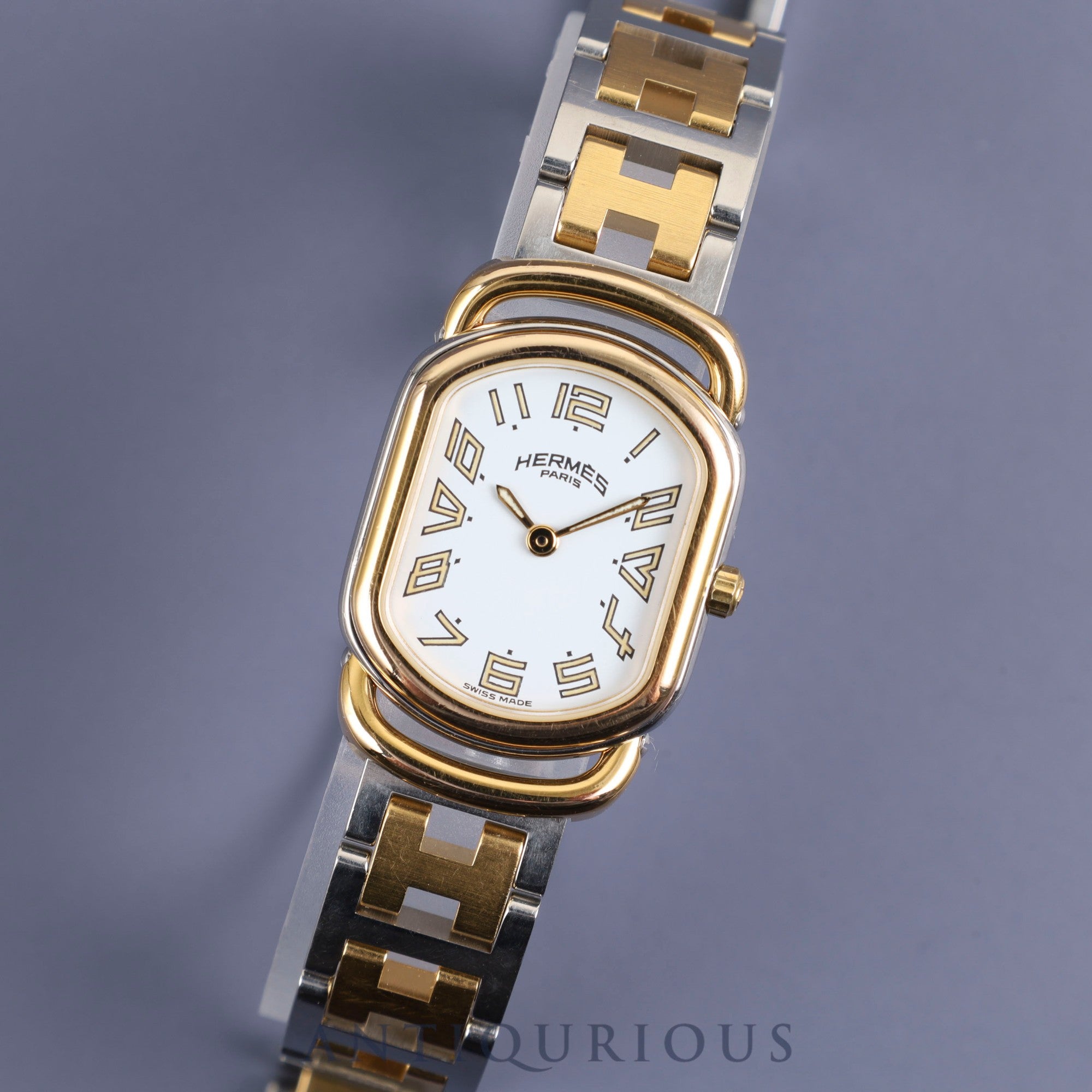 Hermes Rally 770301-4 Quartz Cal.976 001 SS/GP White Dial Warranty (1995) Box Overhauled