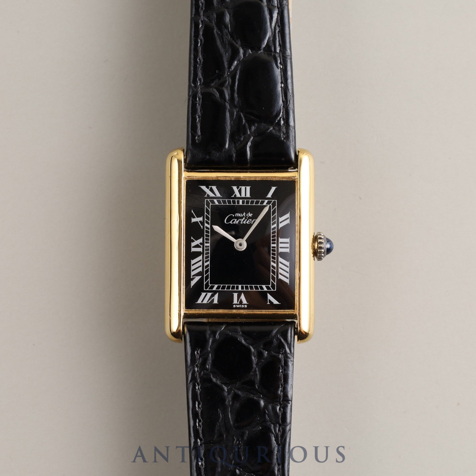 Cartier Must Tank LM Manual Winding Cal.78-1 925 Leather Black Roman Dial Overhauled Newly Finished