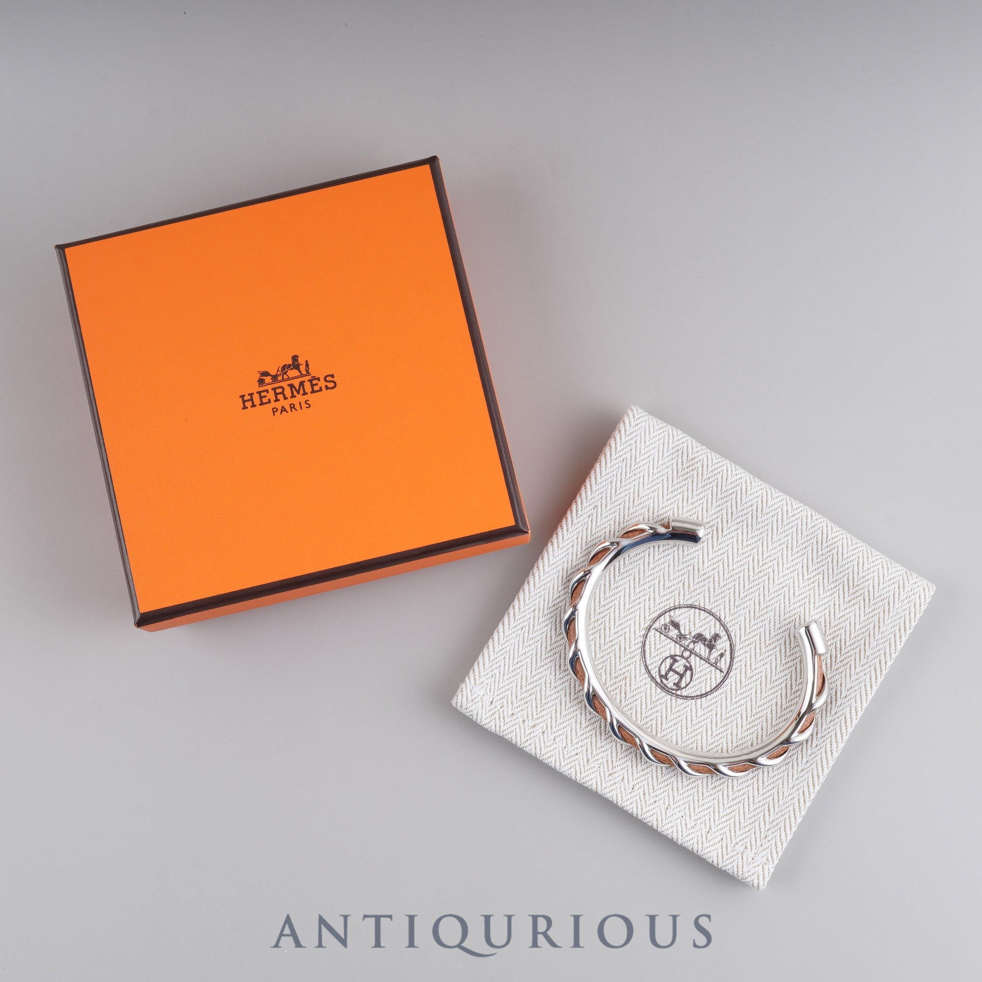 エルメス トルサード オープンバングル メタル×レザー シルバー×ブラウン 箱 保存袋 タグ