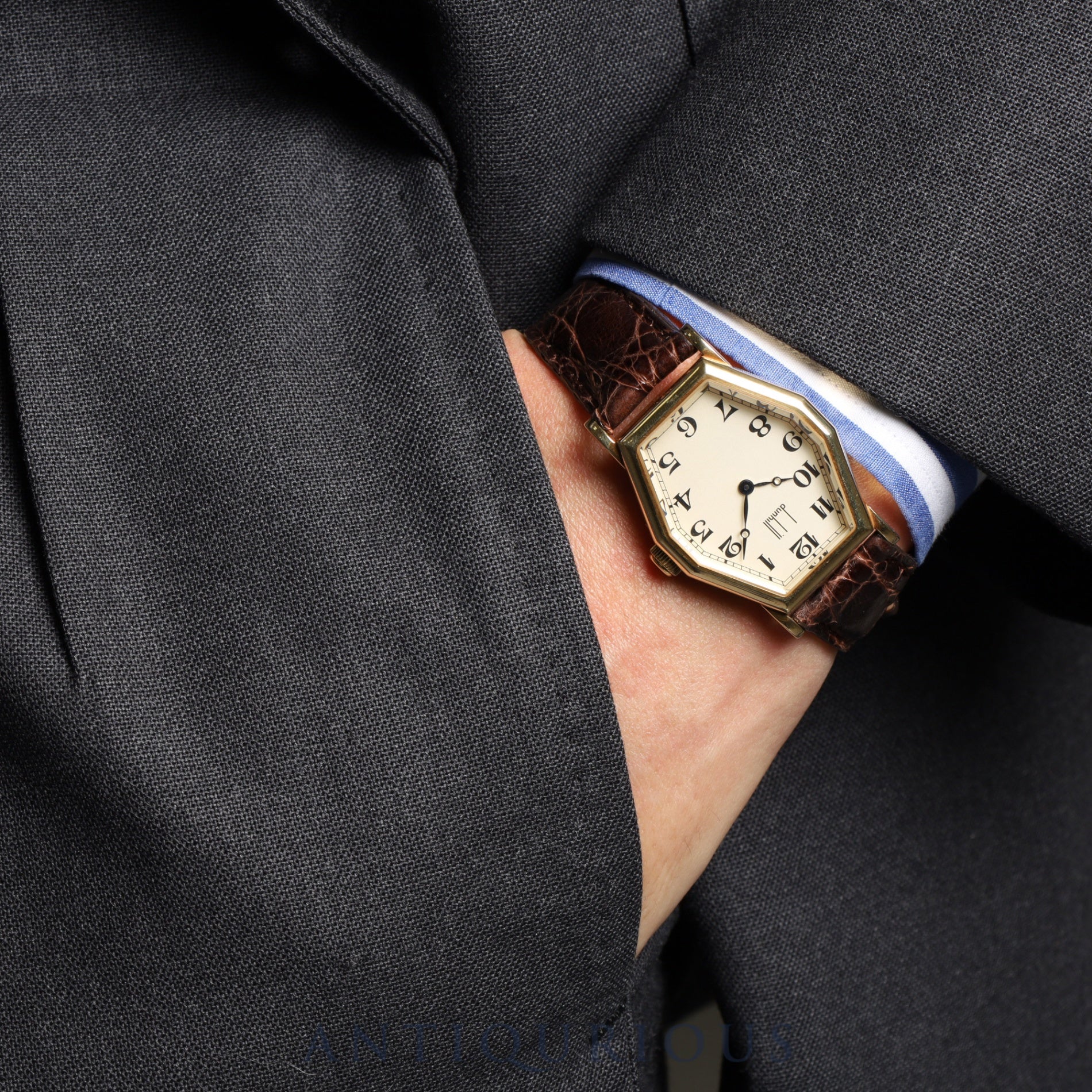 Dunhill Centenary Octagon 100th Anniversary Model Hand-wound Cal.- 750 Leather Genuine Buckle (750) Silver Dial Box Warranty (unsigned) Limited to 250 pieces Overhauled