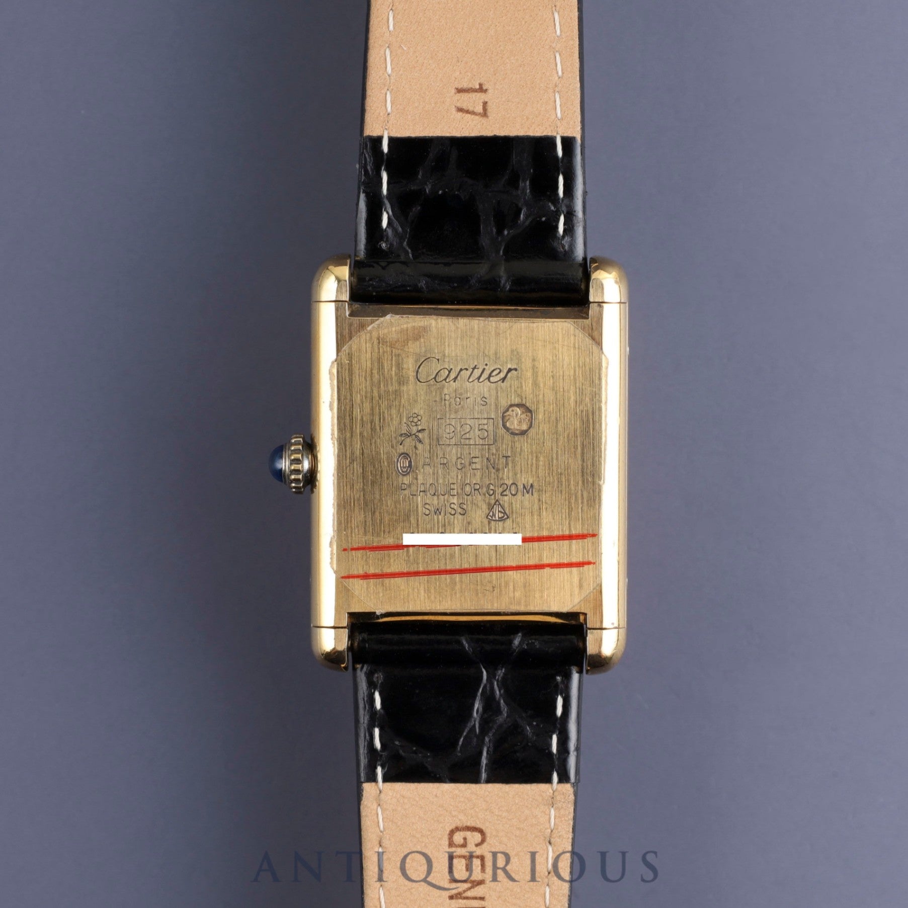 カルティエ マストタンク LM 手巻き Cal.78-1  SV925 革 純正尾錠(GP)ブラックオニキス文字盤 オーバーホール済み 新品仕上げ済み