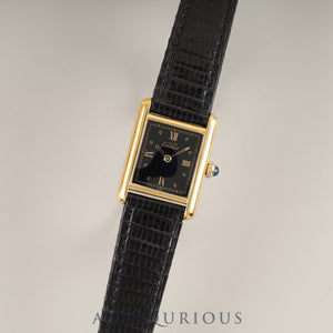 Cartier Must Tank SM 5057001 Quartz Caliber 057 SV925 Leather Strap with Genuine GP Buckle Black Roman Dial Circa 1982-1995 Overhauled and Finished to Like New