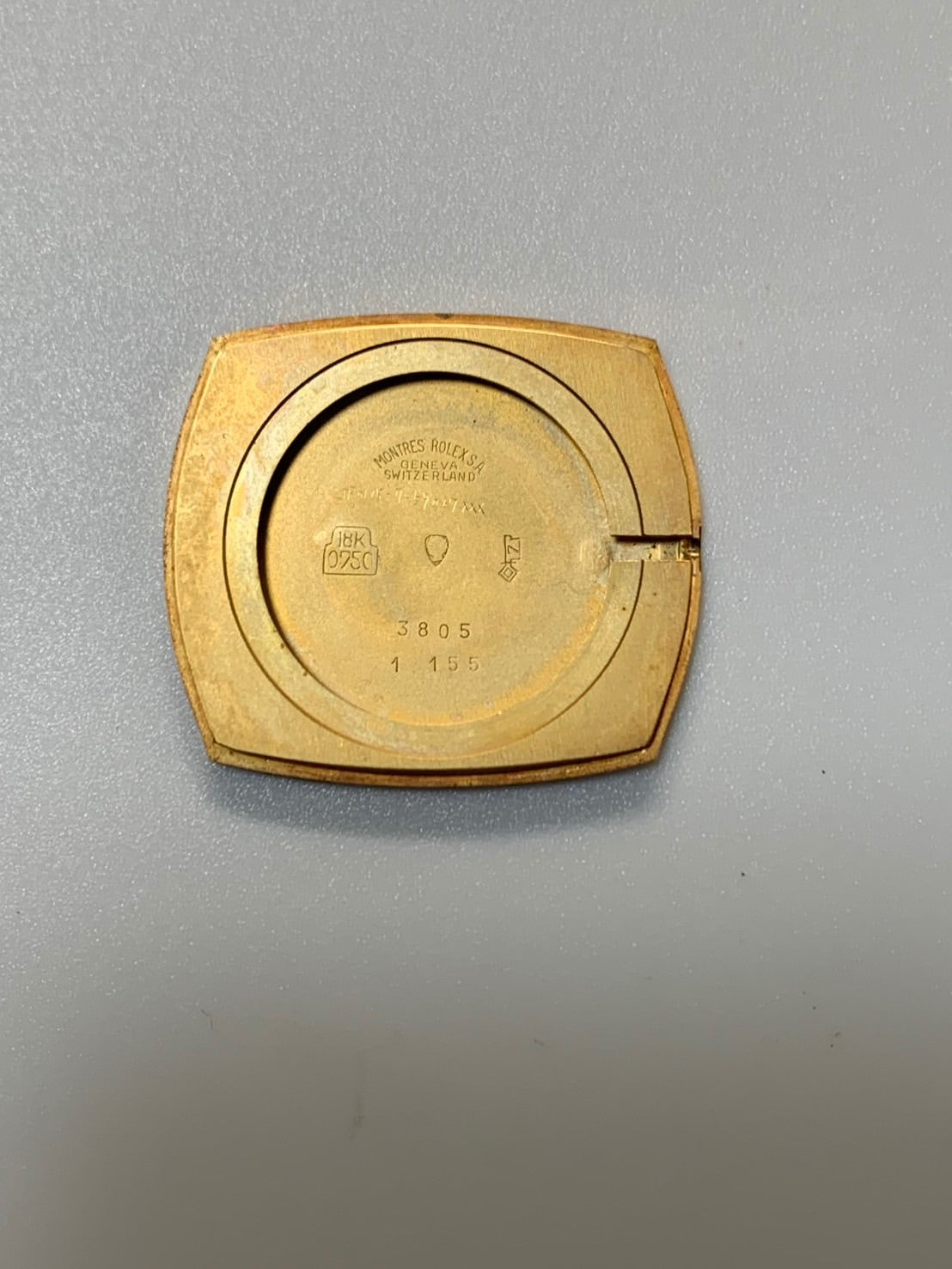 ロレックス チェリーニ 3805 手巻き Cal.1600 750YG 革 純正ピンバックル(GP)ホワイトローマン文字盤(SWISS表記 / 経年変化) 26番台(1968年)オーバーホール済み