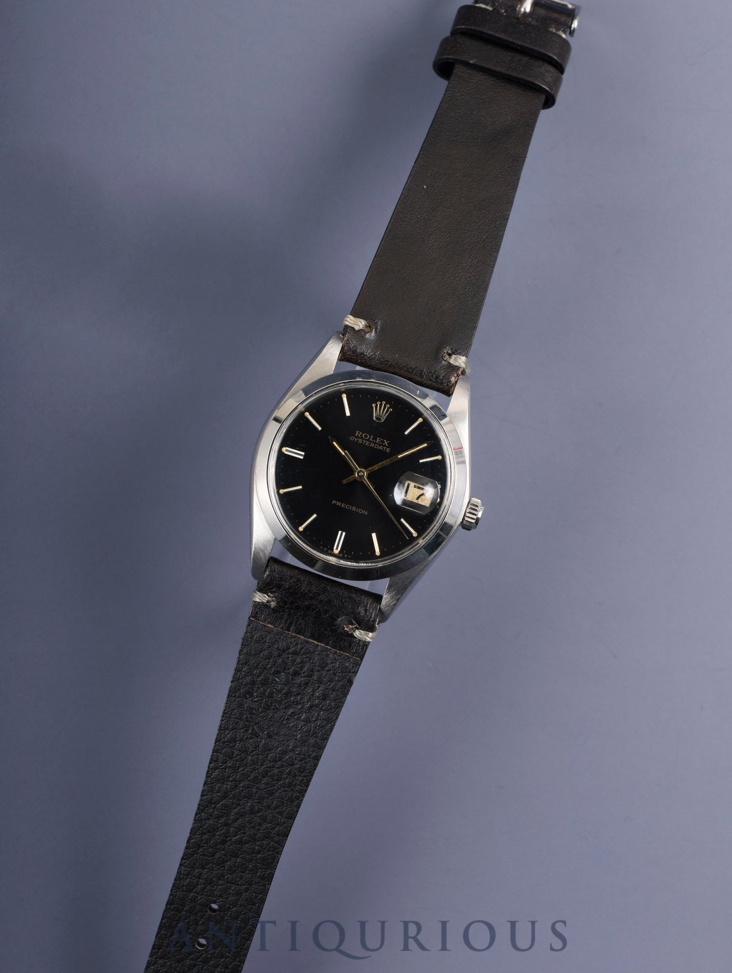 ロレックス オイスターデイトプレシジョン 6694 手巻き Cal.1225 SS 革 社外尾錠(SS) ブラック文字盤 51番(1977年)オーバーホール済み