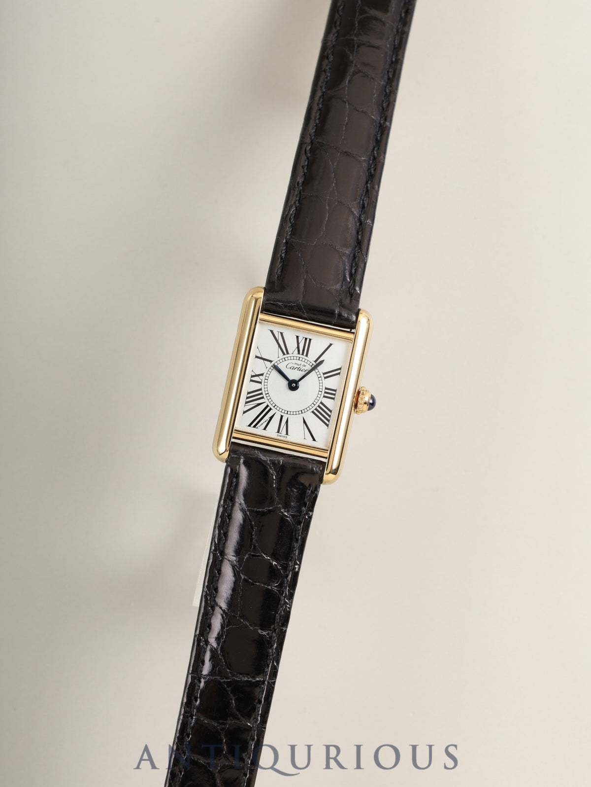 Cartier Must Tank SM 5057001 Quartz Caliber - SV925 Leather Watch with Genuine D-buckle (GP) Opalescent Dial (SWISS Markings) Box, Booklet, Warranty Card (1995) Completely Serviced at a Cartier Boutique
