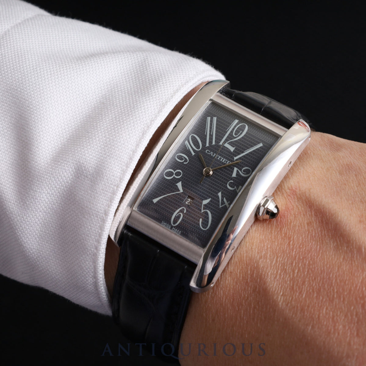 Cartier Tank Americaine LM W2605229 / 1741 Automatic 750 Genuine leather strap Genuine D buckle (750) Grey Arabic dial Box Booklet Warranty (2001) Overhauled