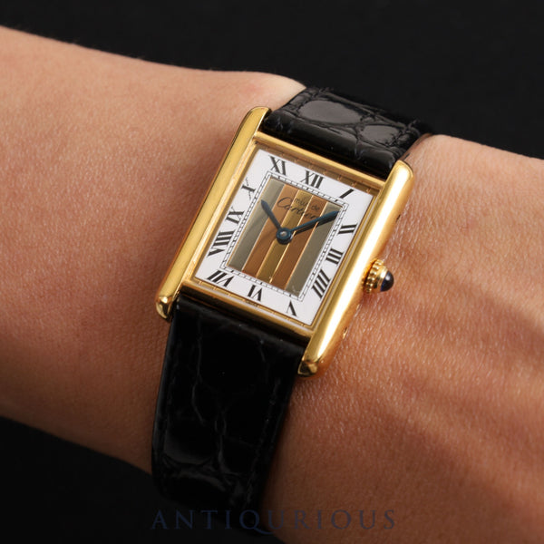 Cartier Must Tank LM Quartz Cal.90 590005 SV925 Leather Genuine Buckle (GP) Front Trinity Dial Overhauled