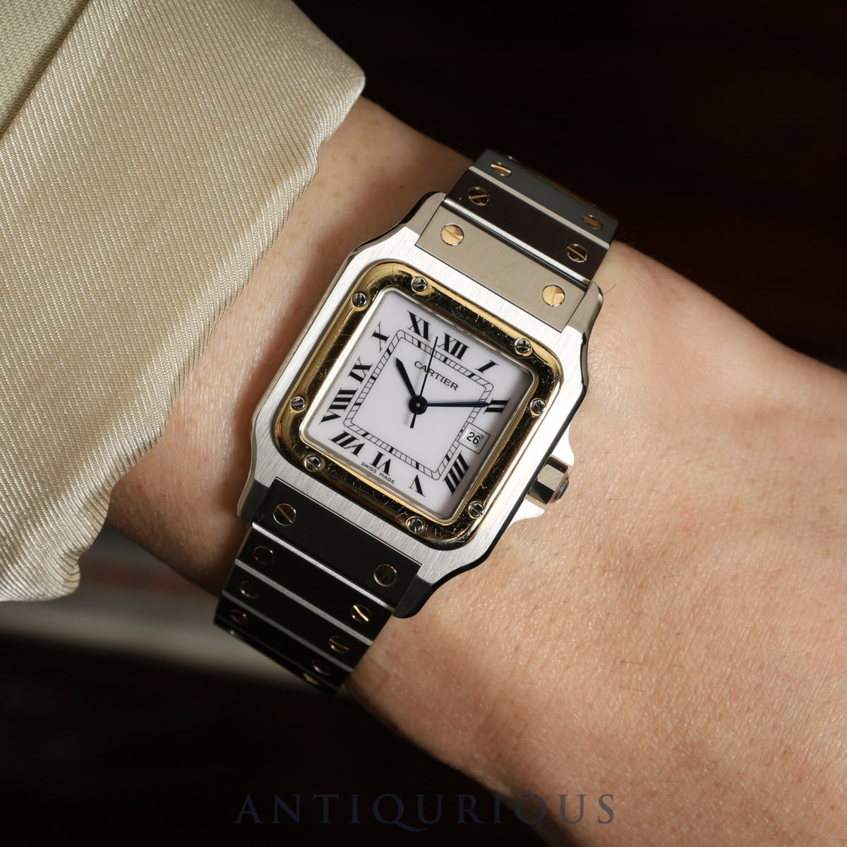 Cartier Santos Calée LM 1553 Automatic Caliber - Stainless Steel/Yellow Gold with White Dial. Completely serviced at a Cartier boutique. New bracelet replaced.