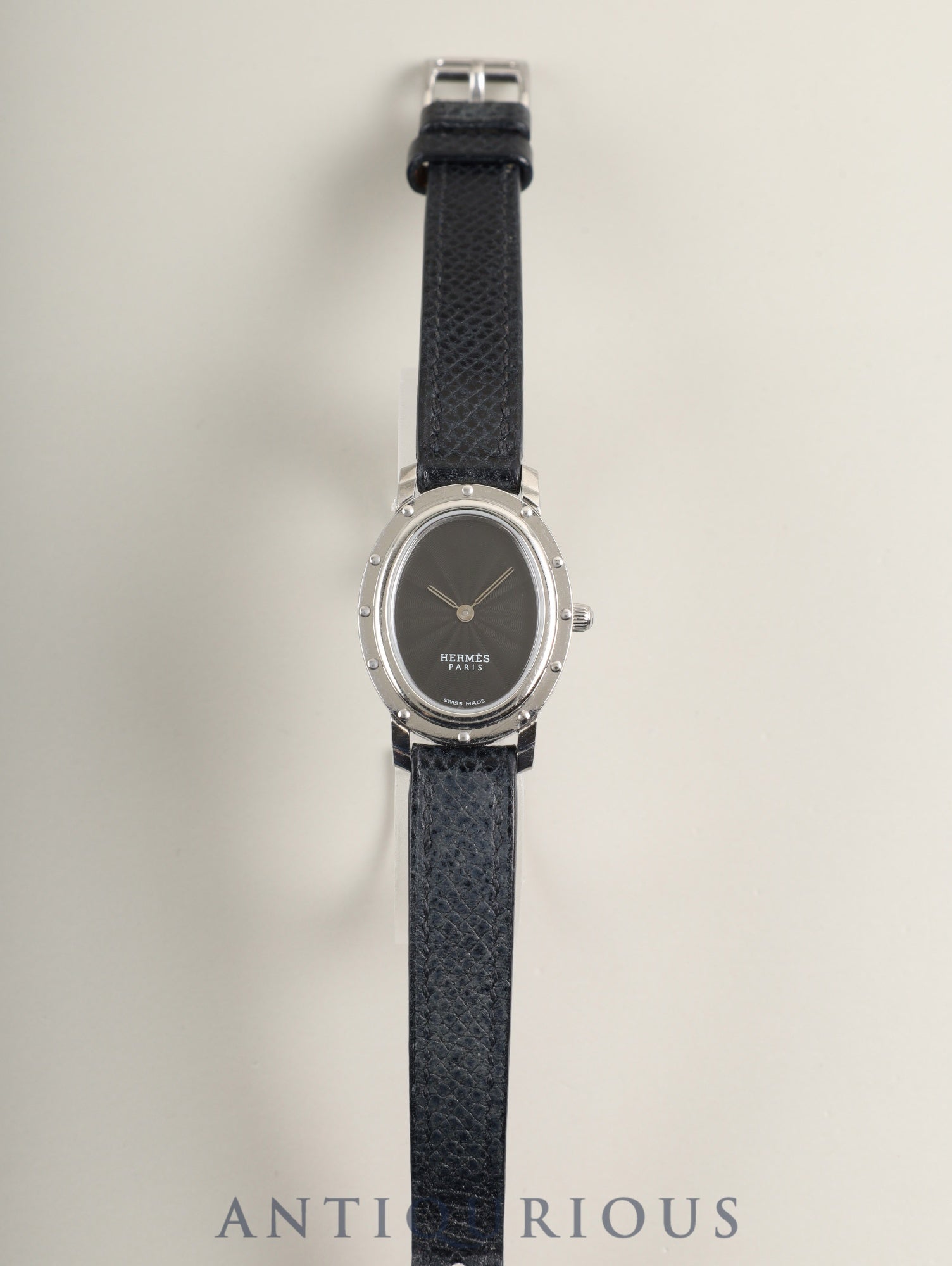 Hermes Clipper Oval CO1.210 Quartz Cal.976.001 Stainless Steel, Original Strap (□E stamp: 2001), Original Pin Buckle (Stainless Steel), Black Dial, Case Overhauled