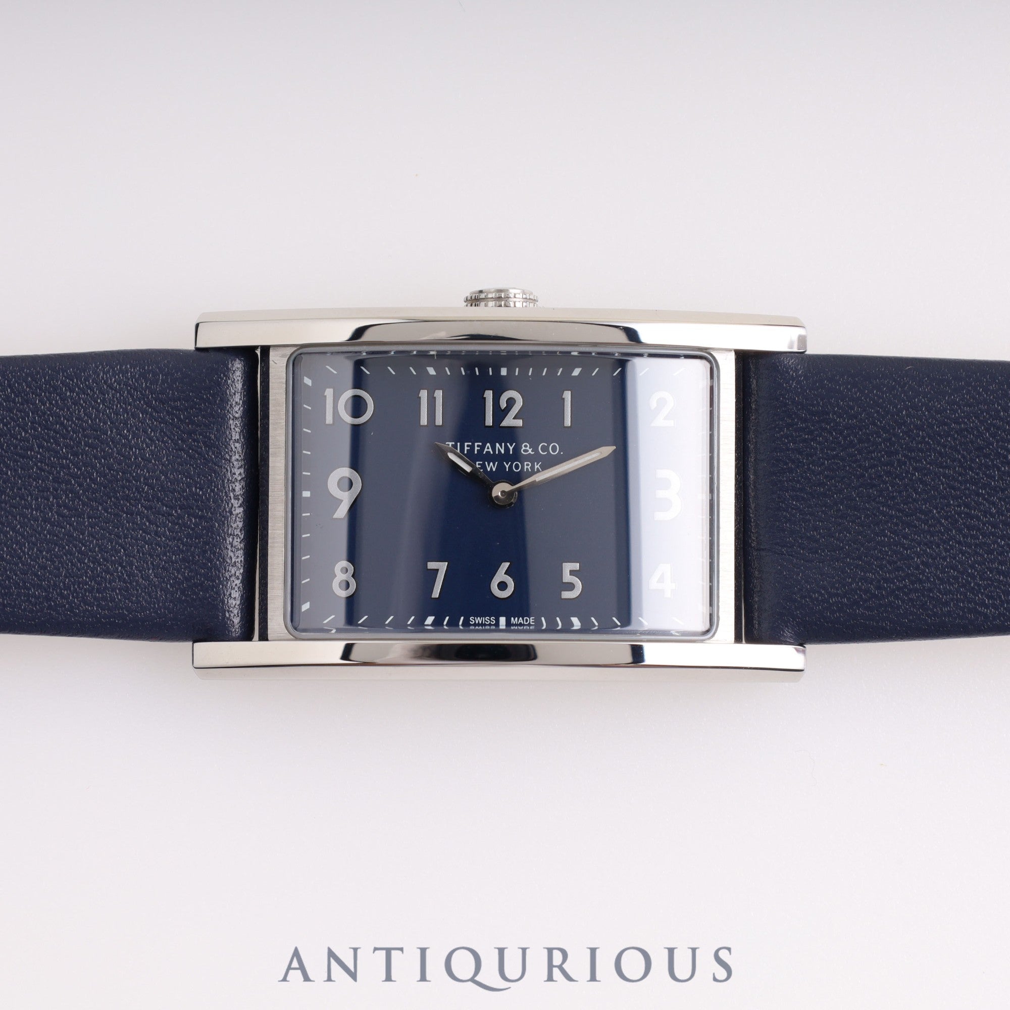 Tiffany East West Mini 3668644 Quartz Genuine Leather Strap Navy Dial Replacement Long Strap Included