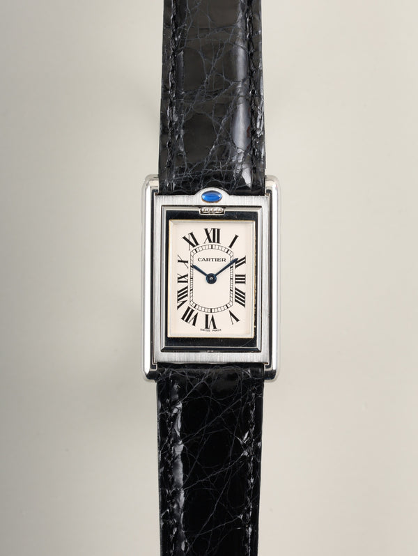 カルティエ タンク バスキュラント MM W1011258 / 2405 クォーツ Cal.059 SS 革 純正ピンバックル(SS) ホワイトローマン文字盤 オーバーホール済み