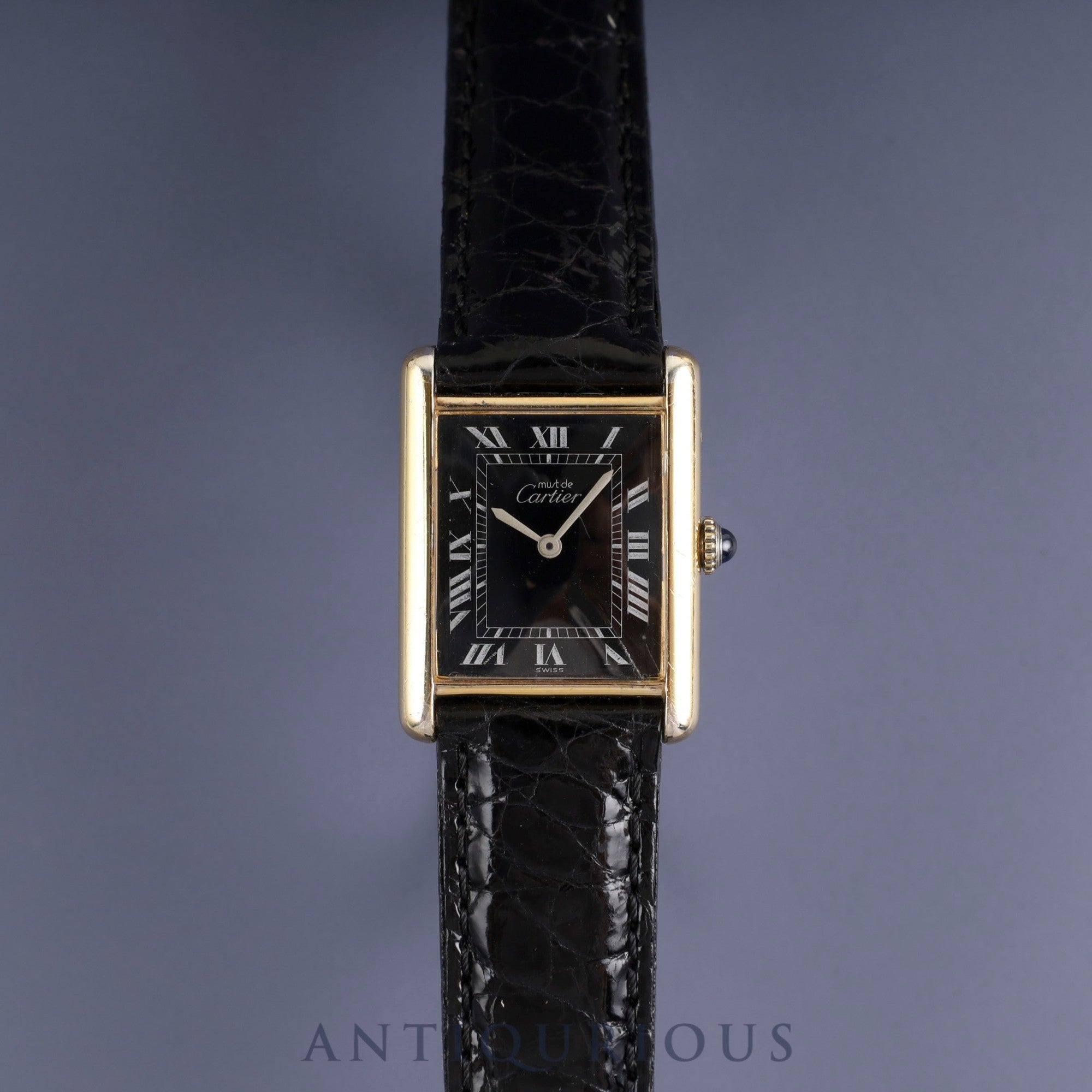 Cartier Must Tank LM Manual Winding SV925 Leather Watch with Genuine GP Buckle, Black Roman Dial, Overhauled