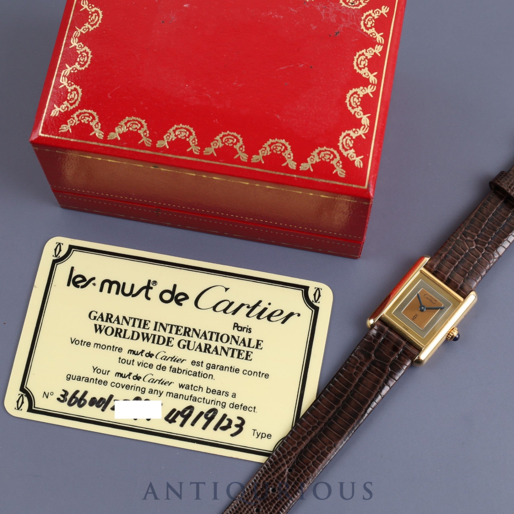 Cartier Must Tank SM 4919123 / 3 66001 Quartz Caliber 057 SV925 Leather Strap with Genuine GP Buckle, Square Trinity Dial, Box, Warranty Card, Overhauled