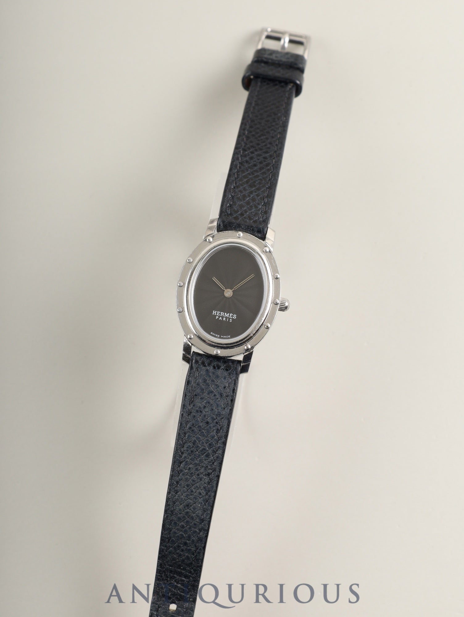 Hermes Clipper Oval CO1.210 Quartz Cal.976.001 Stainless Steel, Original Strap (□E stamp: 2001), Original Pin Buckle (Stainless Steel), Black Dial, Case Overhauled