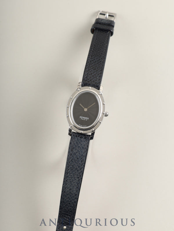 Hermes Clipper Oval CO1.210 Quartz Cal.976.001 Stainless Steel, Original Strap (□E stamp: 2001), Original Pin Buckle (Stainless Steel), Black Dial, Case Overhauled