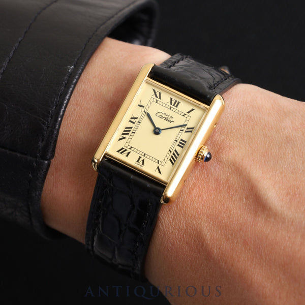 Cartier Must Tank LM W1002753 / 590005 Quartz Cal.90 SV925 Leather Genuine Buckle (GP) Ivory Roman Dial Overhauled Newly Finished