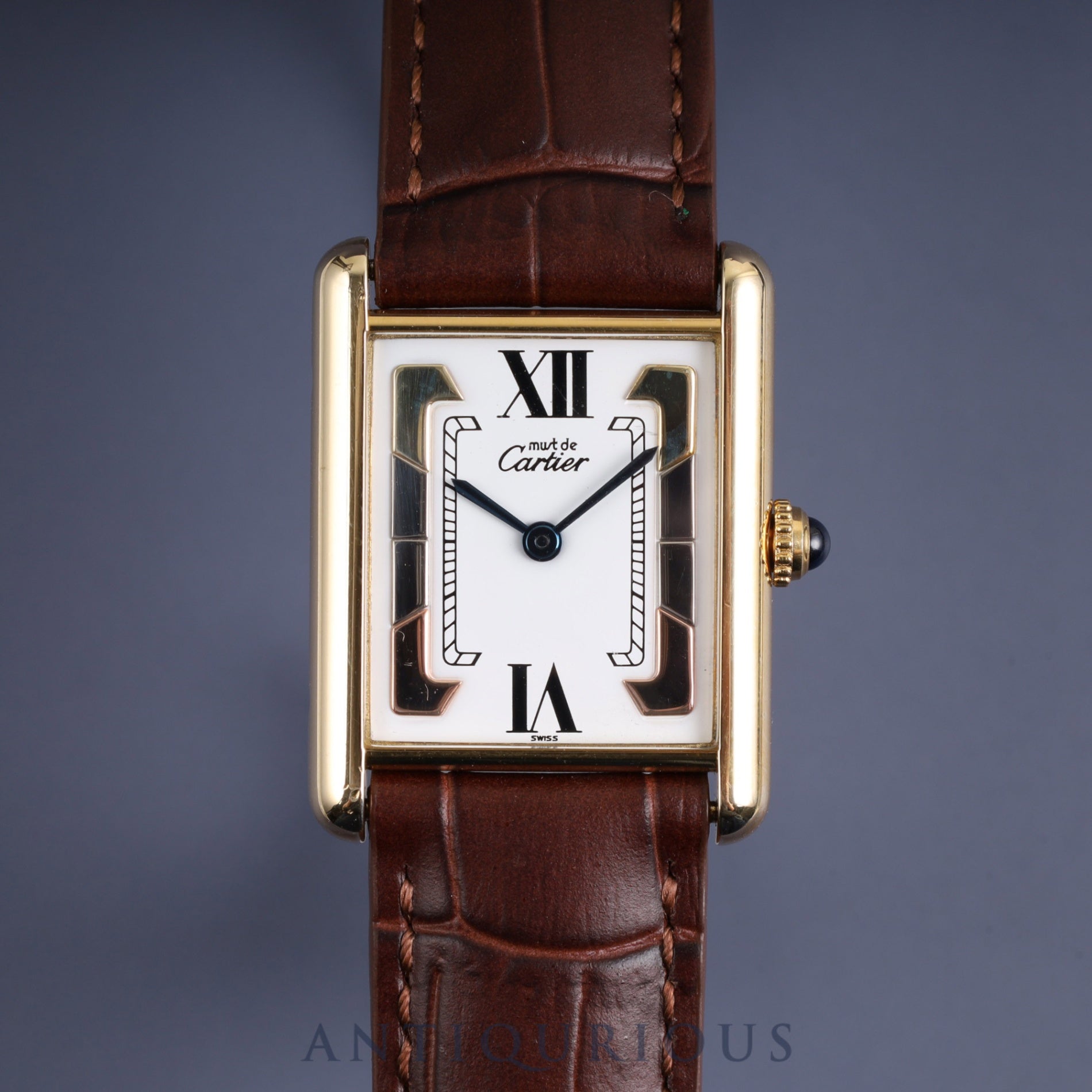 CARTIER MUST TANK LM 1615 Quartz Cal.90 SV925 Leather Genuine D-buckle (GP) Trinity dial Overhauled