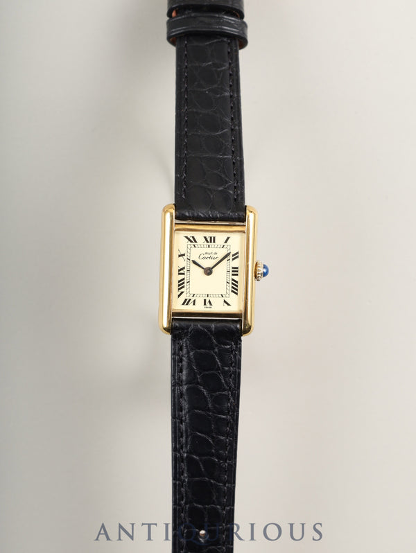 Cartier Must Tank SM Manual Winding Caliber ETA2512 SV925 Leather Strap with Genuine GP Buckle, Ivory Roman Dial (SWISS Marking), Overhauled
