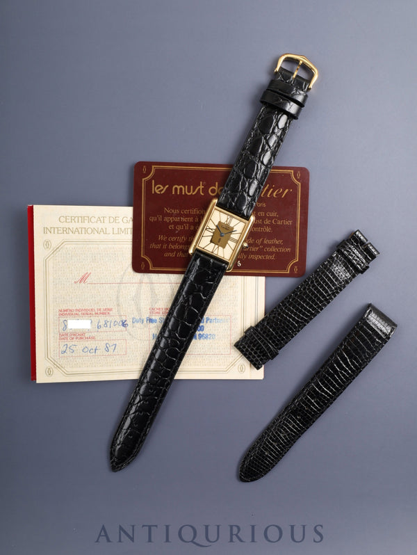 Cartier Must Tank LM 6 81006 Quartz Cal.81 SV925 Leather Original Pin Buckle (GP) Ivory Cloisonné Dial (SWISS marking) Warranty (1987) Card Original Leather Strap Overhauled