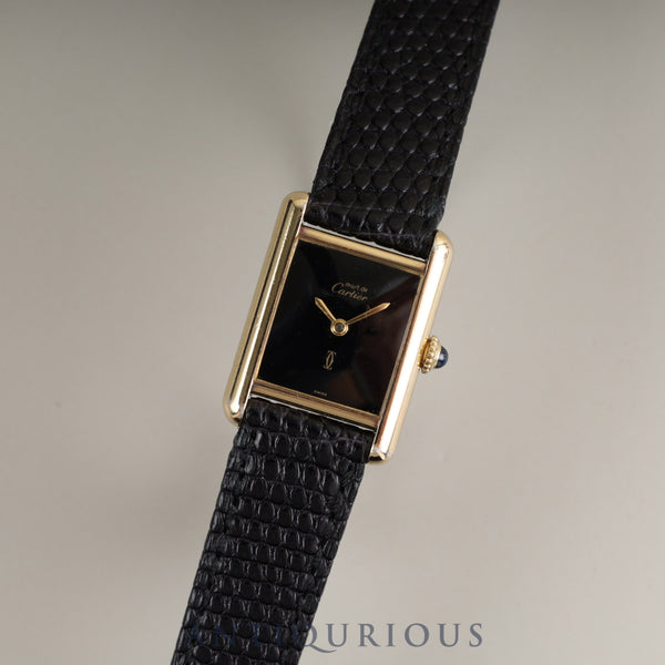 Cartier Must Tank SM Manual Winding Caliber - SV925 Leather Strap with Genuine GP Buckle, Onyx Dial, Circa 1976-Circa 1981, Overhauled
