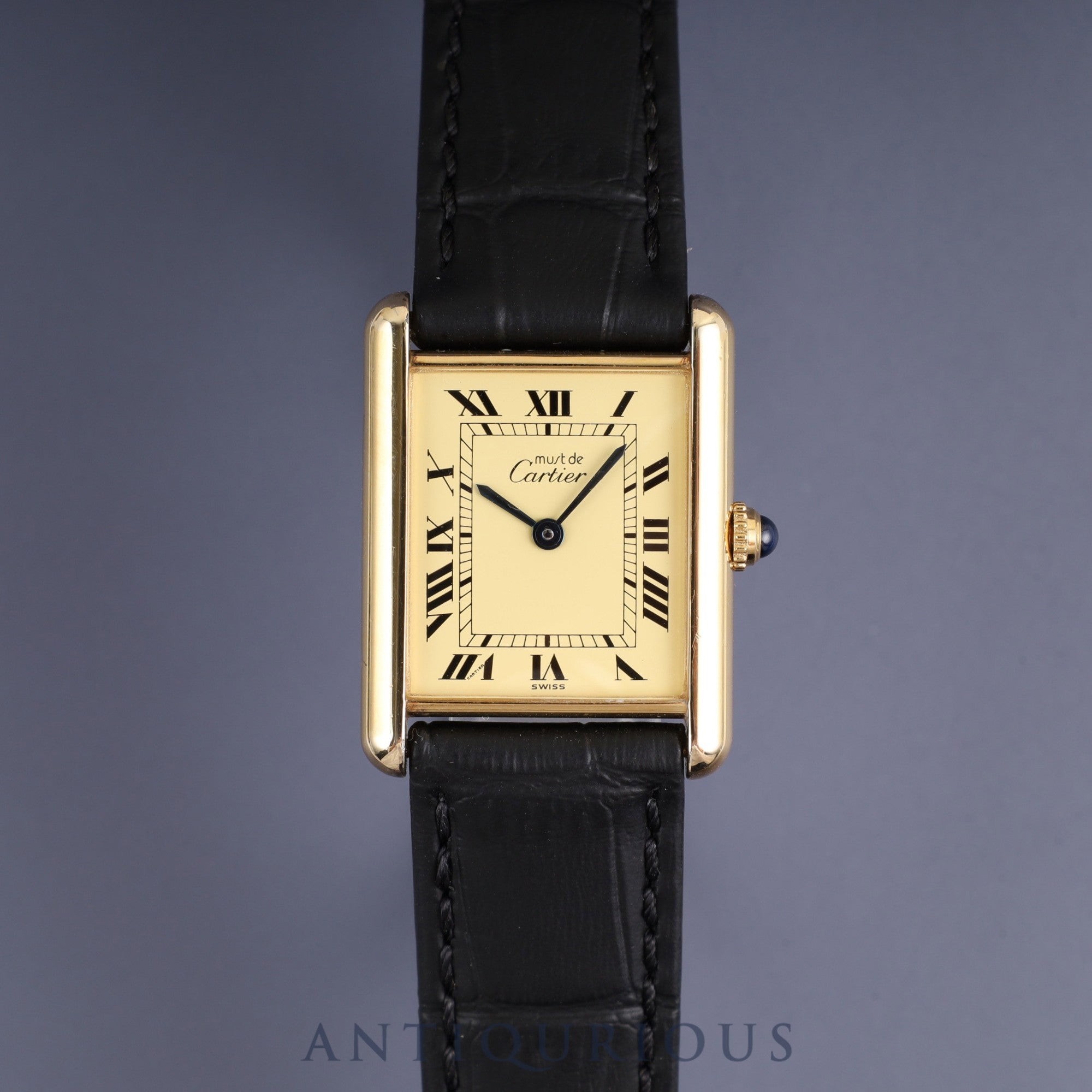 Cartier Must Tank LM W1002753 / 1615 Quartz Caliber 90 SV925 Leather Strap with Genuine GP Buckle, Ivory Roman Dial, Overhauled