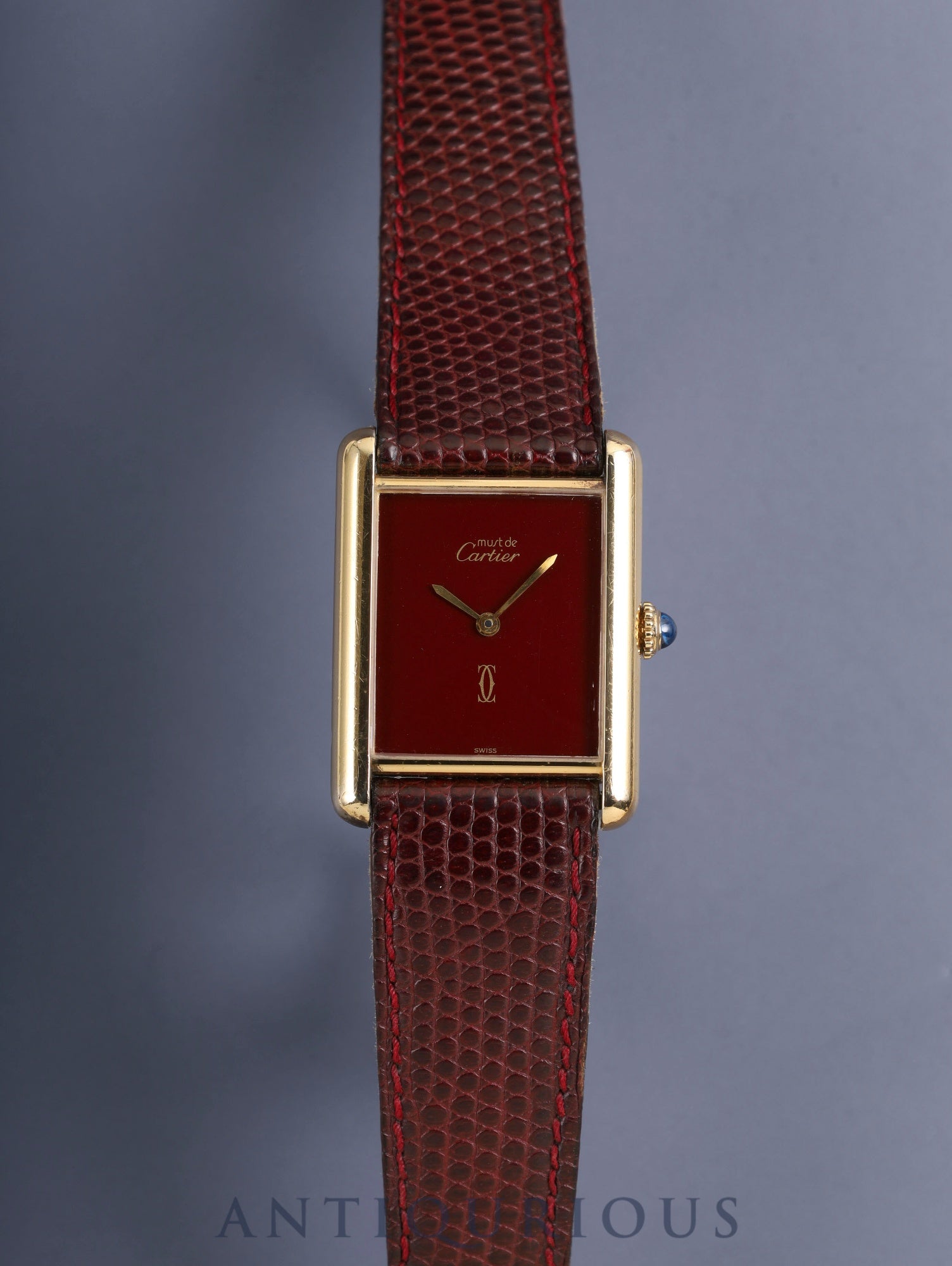 Cartier Must Tank LM, manual winding, Cal. 78-1, SV925, original leather strap, original pin buckle (GP), garnet dial, Bordeaux dial (SWISS marking), recently overhauled.