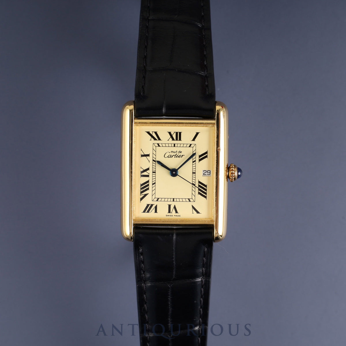 Cartier Must Tank GM (XL) 2413 Quartz Caliber 687 SV925 with Genuine Leather Strap and Genuine D-Buckle (GP), Ivory Roman Dial, Overhauled