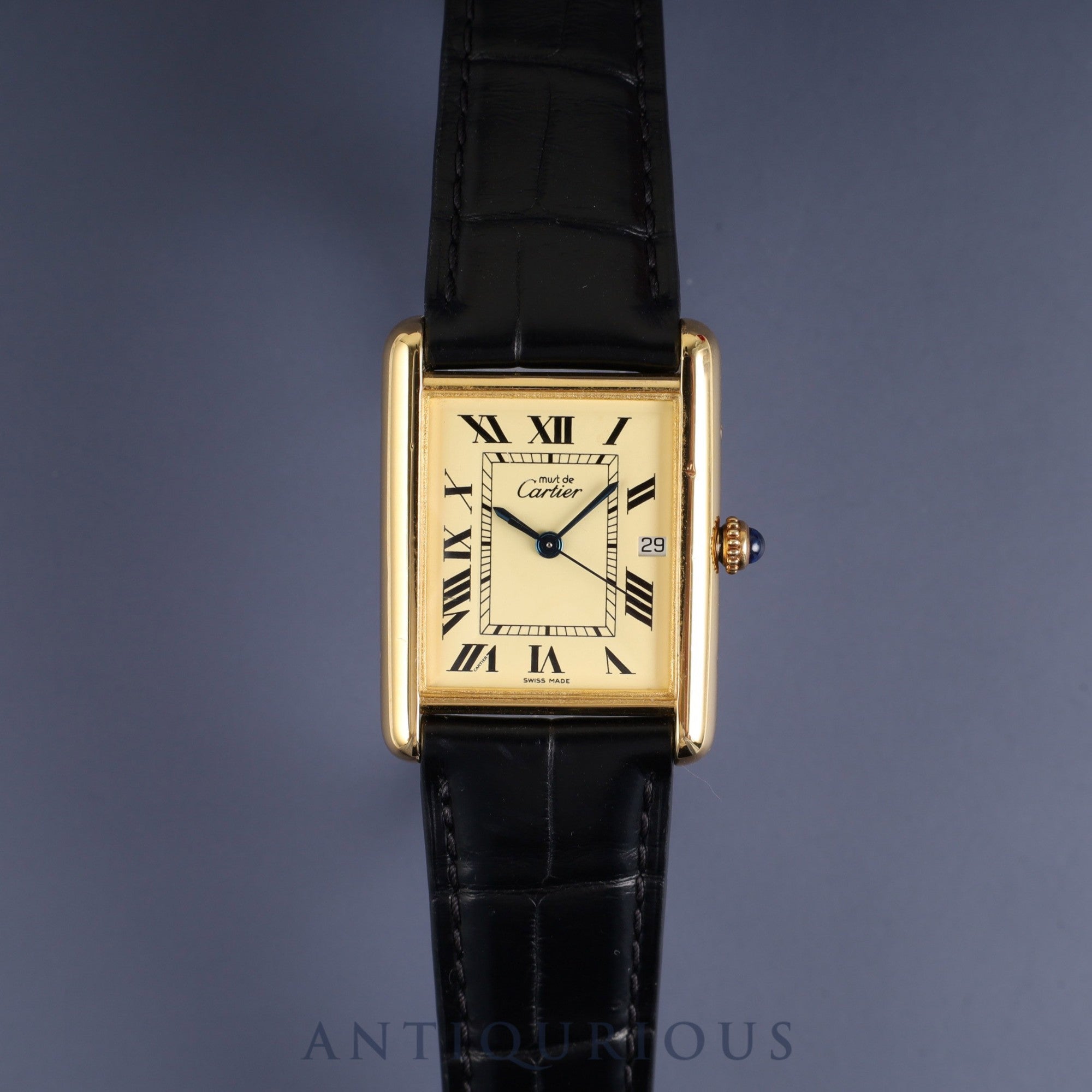 Cartier Must Tank GM (XL) 2413 Quartz Caliber 687 SV925 with Genuine Leather Strap and Genuine D-Buckle (GP), Ivory Roman Dial, Overhauled