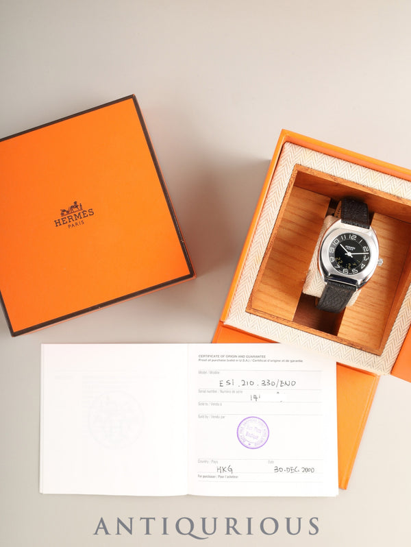 Hermes Espase ES1.210 Quartz Cal.989.431 SS Genuine Leather Strap (□D Engraving: 2000) Genuine Buckle (SS) Black Dial Box Booklets Warranty (2000) Overhauled