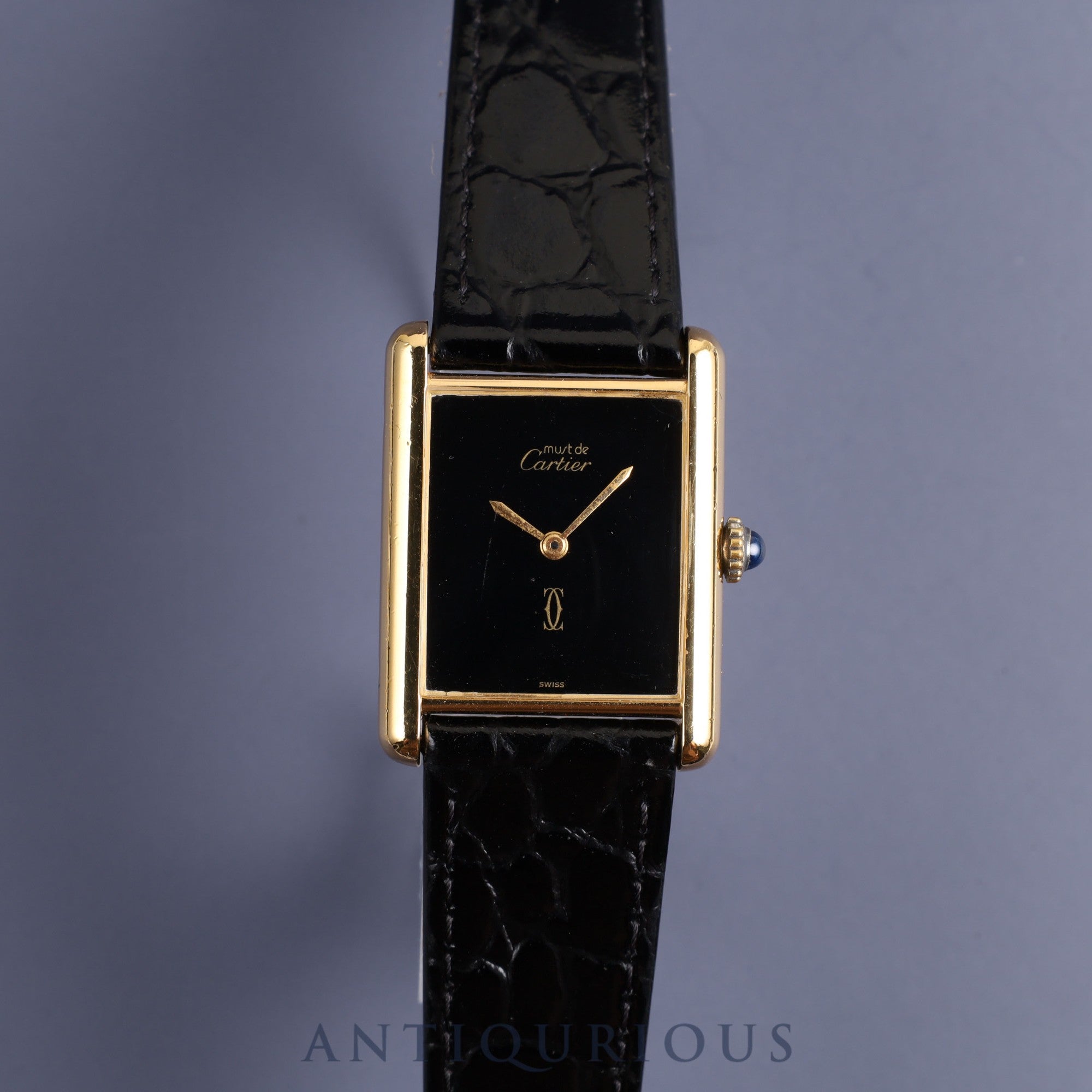 カルティエ マストタンク LM 手巻き Cal.78-1 SV925 革 純正尾錠(GP)ブラックオニキス文字盤 オーバーホール済み 新品仕上げ済み