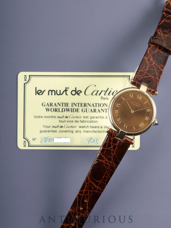 Cartier Must Vendôme VLC LM 17 Quartz SV925 Leather Strap with Genuine GP Buckle Mahogany Dial Warranty (1982) Completely Serviced at a Cartier Boutique