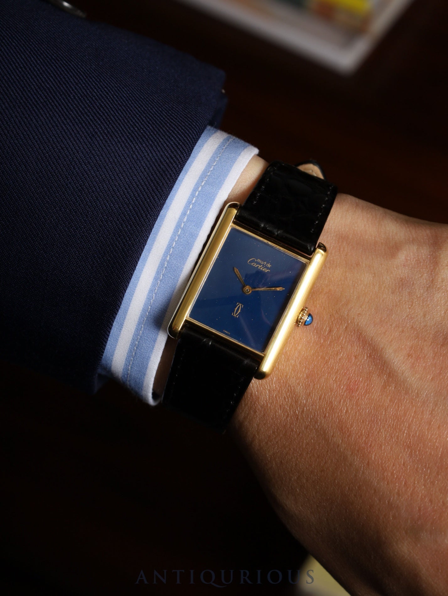 カルティエ マストタンク LM 手巻き Cal.78-1 SV925 革 純正尾錠(GP) ラピスラズリ文字盤(SWISS表記) オーバーホール済み 新品仕上げ済み