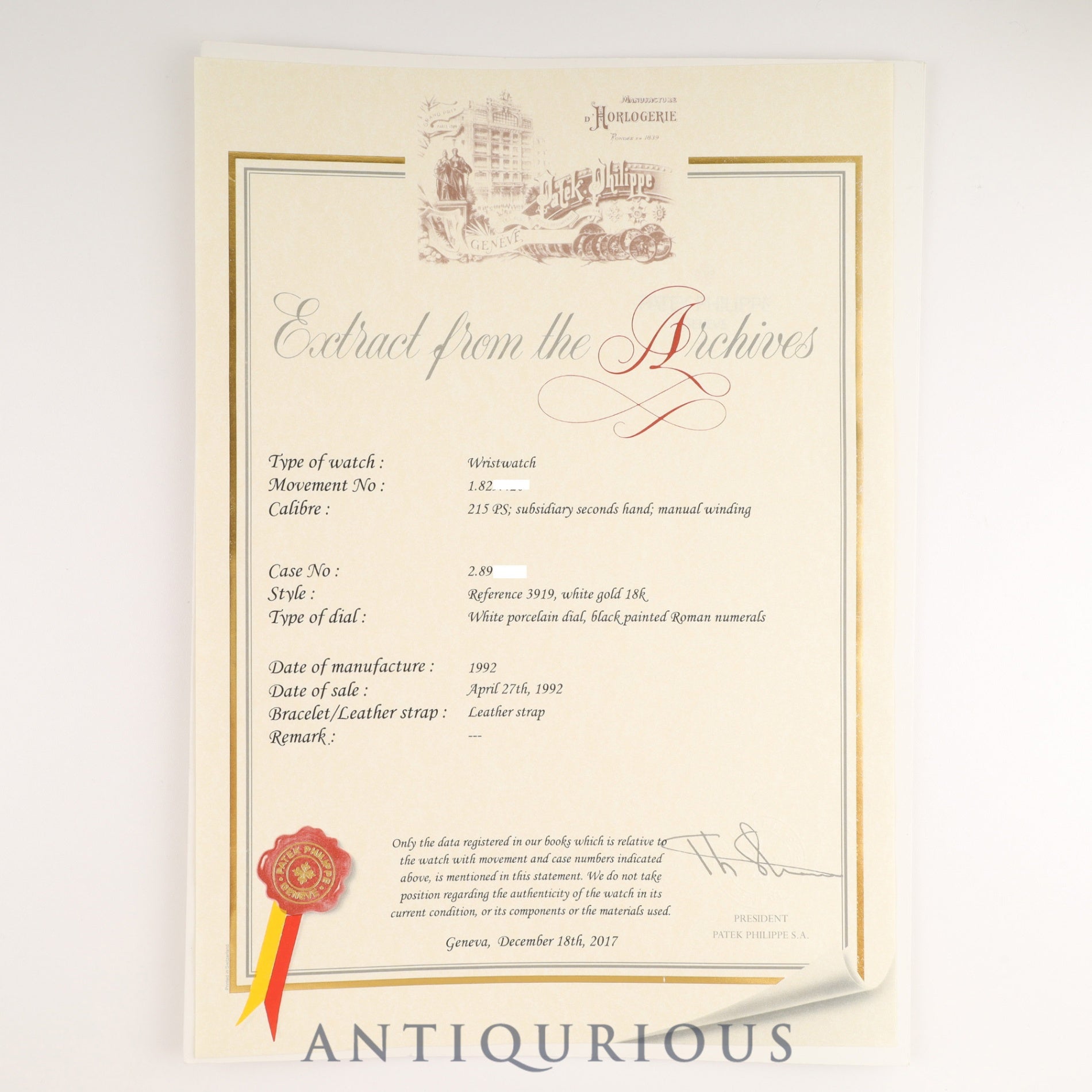 パテック・フィリップ カラトラバ 3919G-001 手巻き Cal.215 750 革 純正尾錠(750) ホワイトローマン文字盤 箱 ケース(劣化) アーカイヴ(2017年発行/1992年購入品)修理明細(個人名記載あり)純正ベルト付き(使用感あり) オーバーホール済み