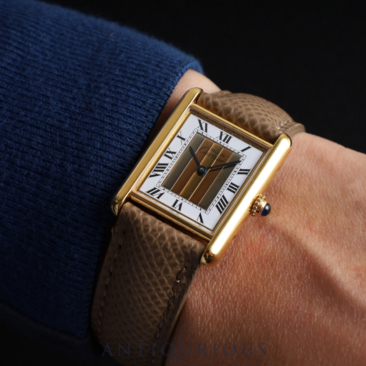 Cartier Must Tank LM 590005 Quartz Cal.90 SV925 Leather Genuine Buckle (GP) Front Trinity Dial Overhauled and Finished to Like New