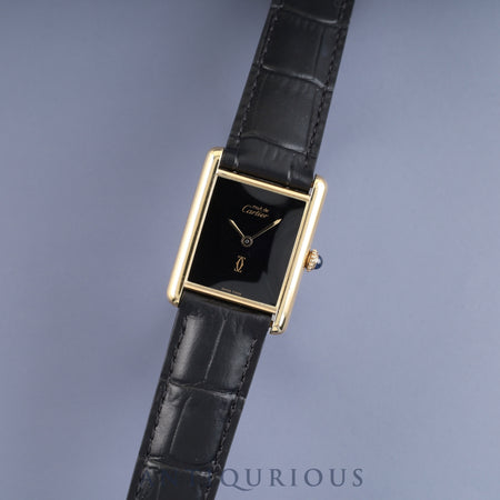 Cartier Must Tank LM, manual winding, Cal. 78-1, SV925, leather, genuine D-buckle (GP), black onyx dial, complete service (full maintenance) completed at a Cartier boutique.