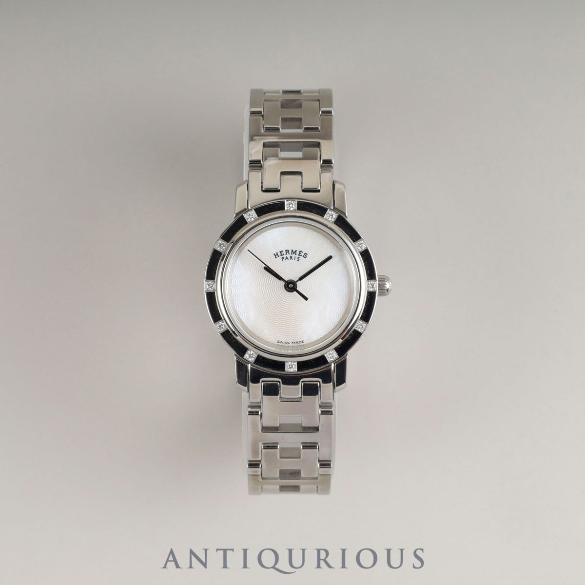 Hermes Clipper Nacle CL4.230 Quartz SS 12P Diamond White Shell Guilloche Dial Overhauled