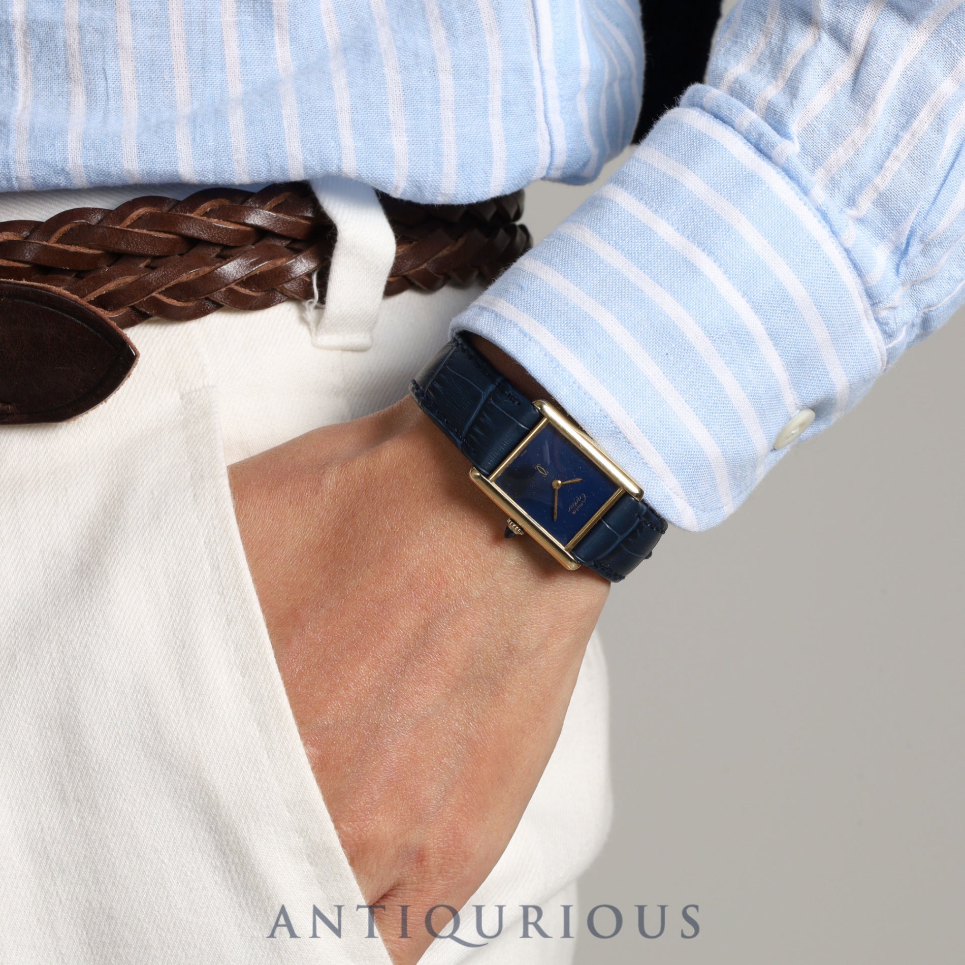 カルティエ マストタンク LM 手巻き Cal.78-1 SV925 革 純正尾錠(GP)ラピスラズリ文字盤 オーバーホール済み