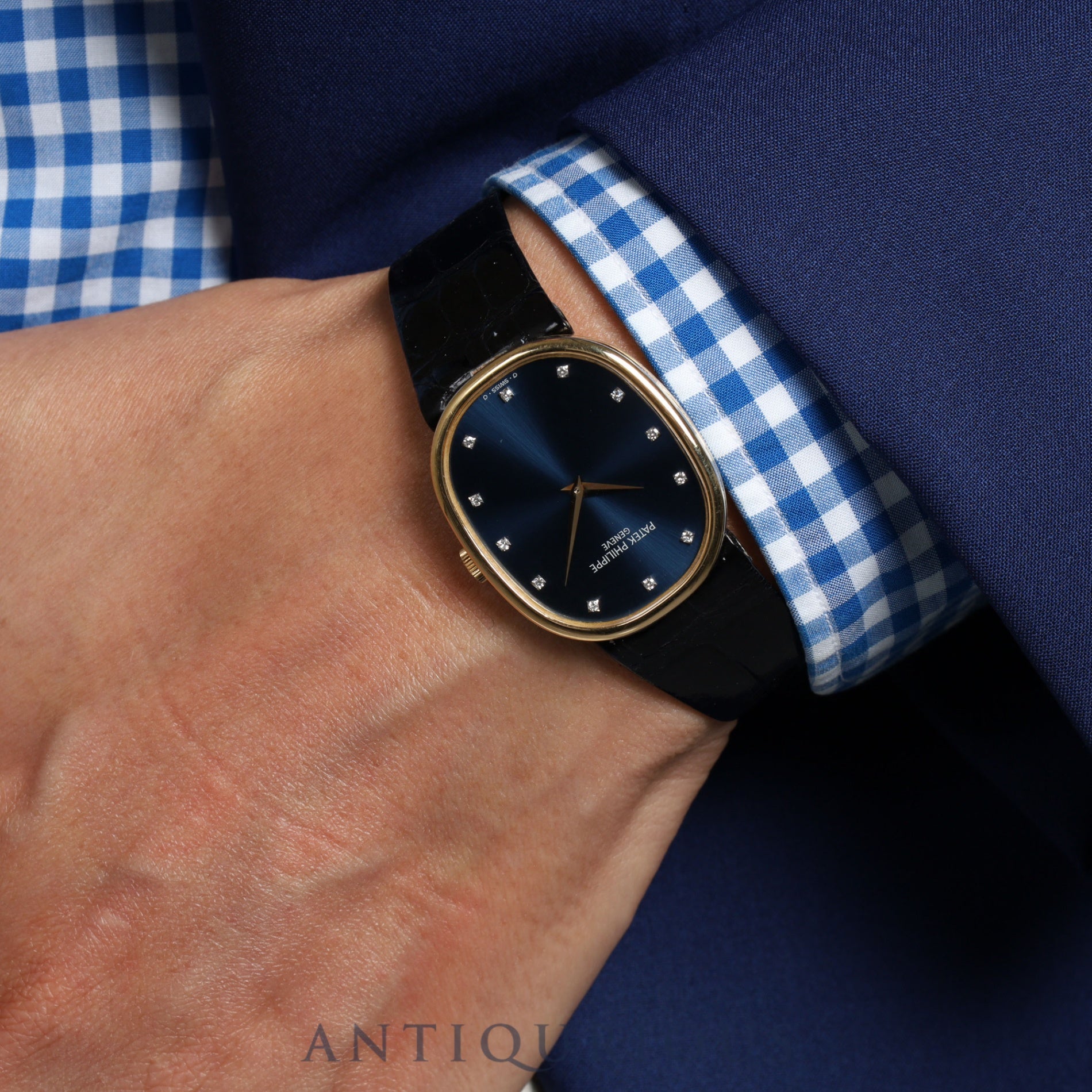 パテック・フィリップ ゴールデンエリプス 3848J-062 手巻き Cal.215 750YG 純正革ベルト 純正尾錠(750)ダイヤ12Pブルー文字盤 箱 アーカイブ(1991年)