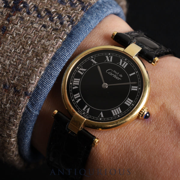 Cartier Must Vendome VLC LM 83978913 Quartz SV925 Leather Genuine Buckle (GP) Black Roman Dial Warranty (1987) Complete service (full maintenance) completed at Cartier boutique