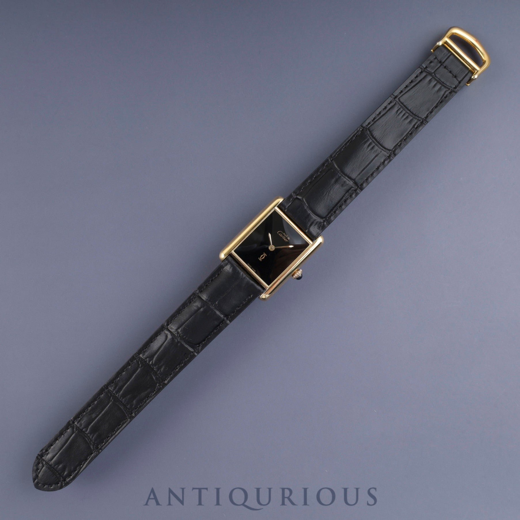 Cartier Must Tank LM, manual winding, Cal. 78-1, SV925, leather, genuine D-buckle (GP), black onyx dial, complete service (full maintenance) completed at a Cartier boutique.