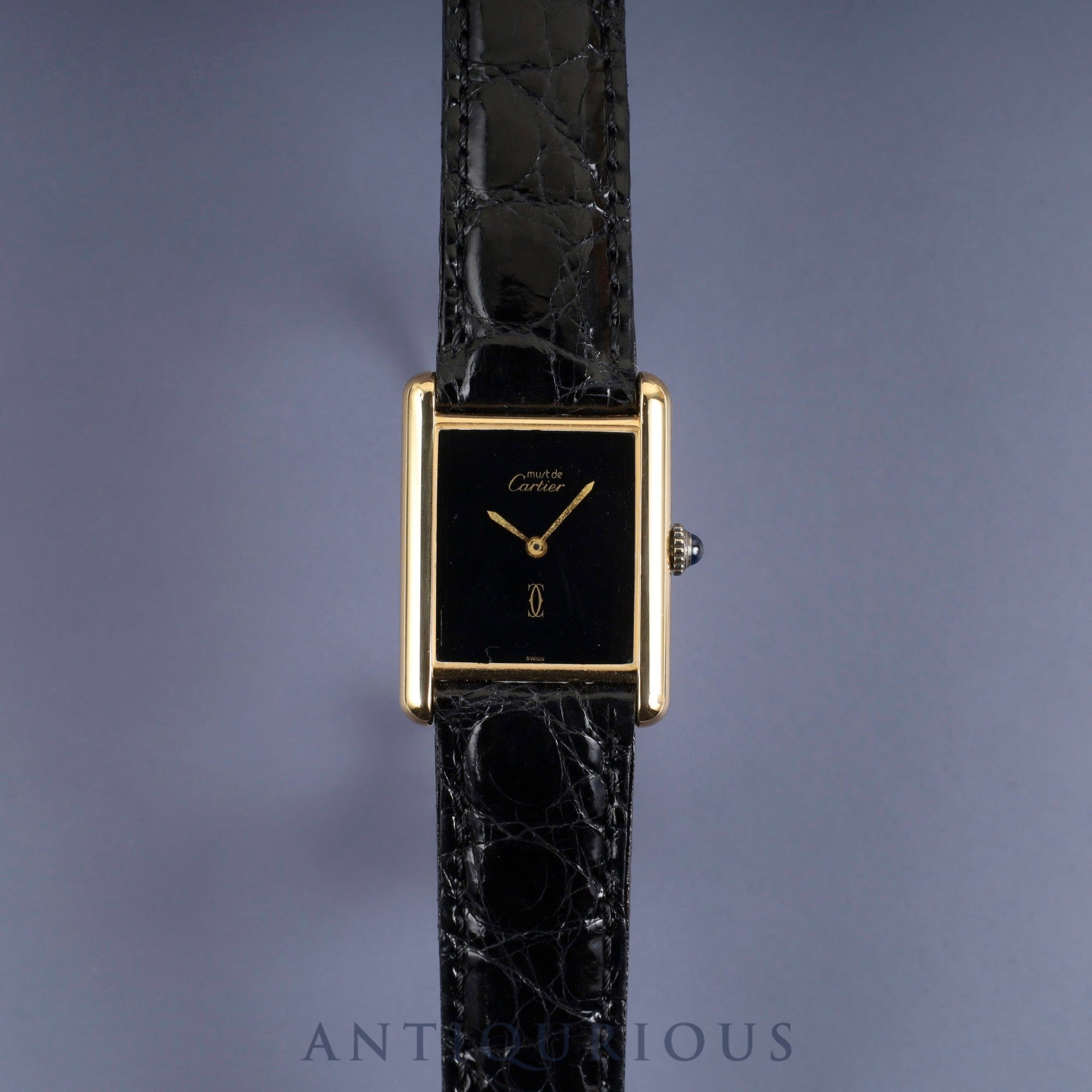 Cartier Must Tank LM Manual Winding Caliber 78-1 SV925 Leather Strap with Genuine GP Buckle, Onyx Dial, Circa 1976-1981, Overhauled and Finished to Like New